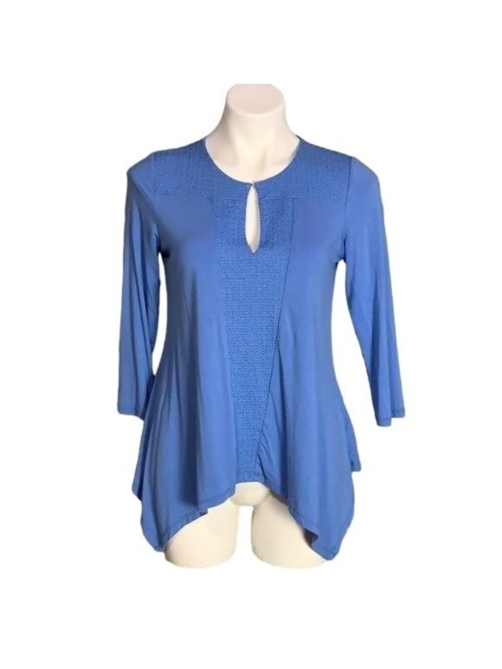 Adrianna Papell Blue Textured Keyhole Tunic Top 3/4 Sleeve Asymmetrical Hem Wome